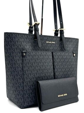 Michael Kors Jet Set Medium Pocket Tote Bag & Matching Trifold Wallet Black/Gold